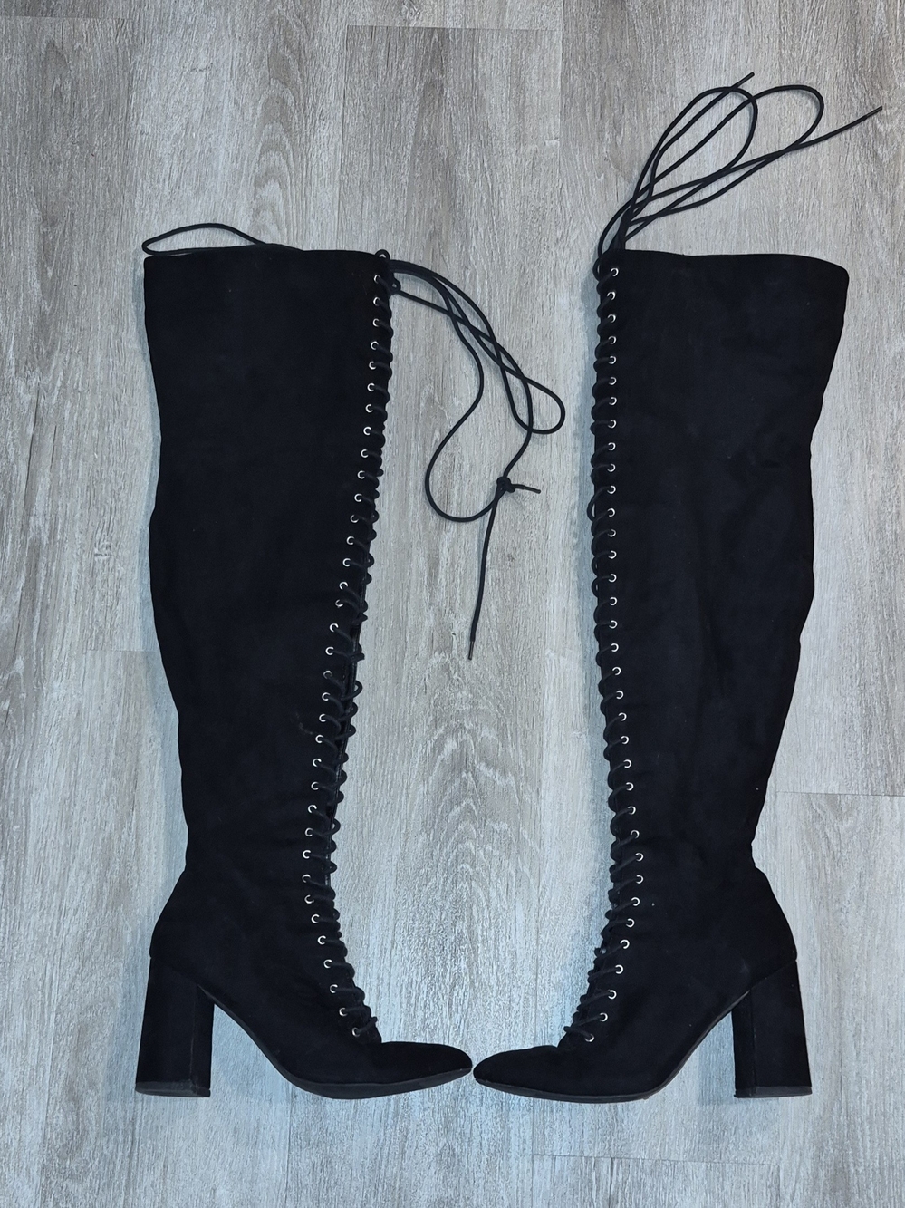 Forever 21 Black Lace-Up Over-the-Knee Block Heel Boots